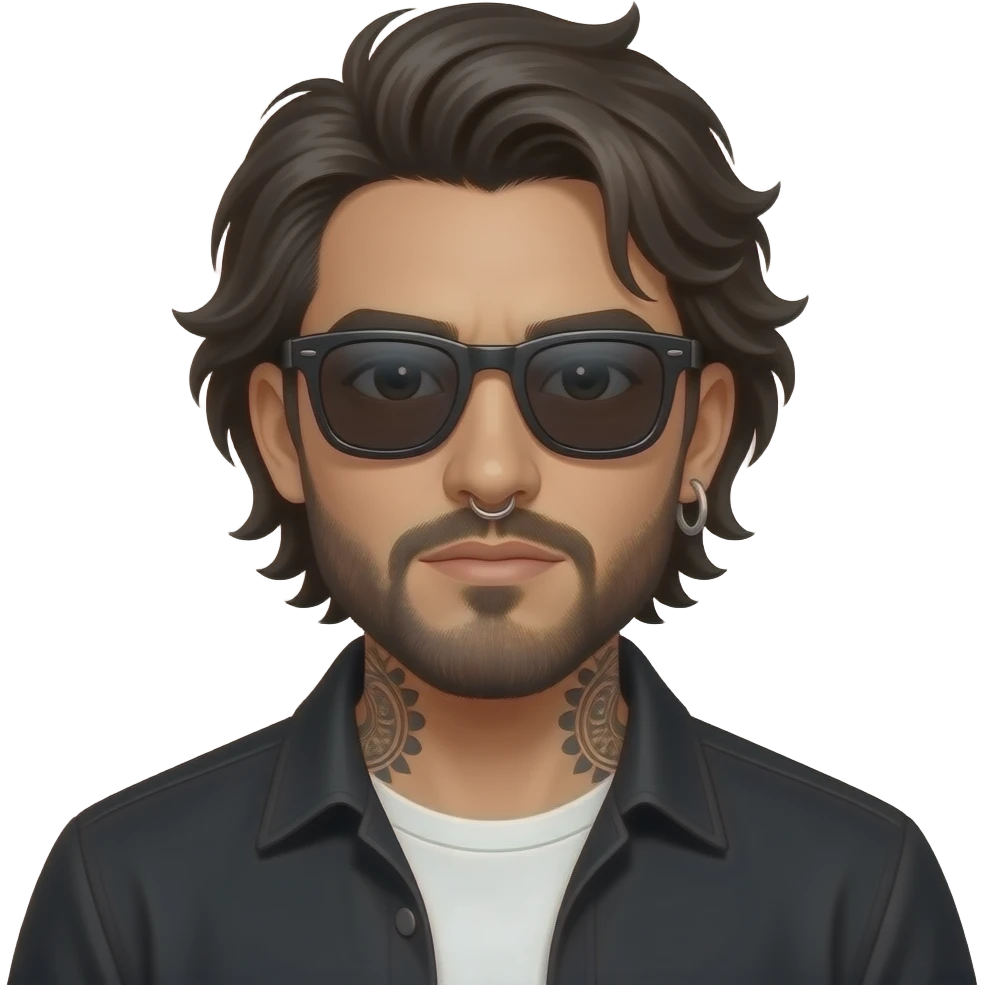 A handsome Latino man with medium length hair and long beard and tattoos with a right nose hoop and a left earring hoop wearing all black with a white undershirt and black sunglasses emoji