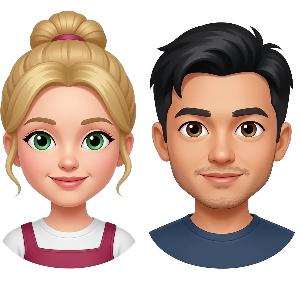 Blond girl with tied up hair and green eyes and asian guy with short hair and brown eyes and facial hair emoji
