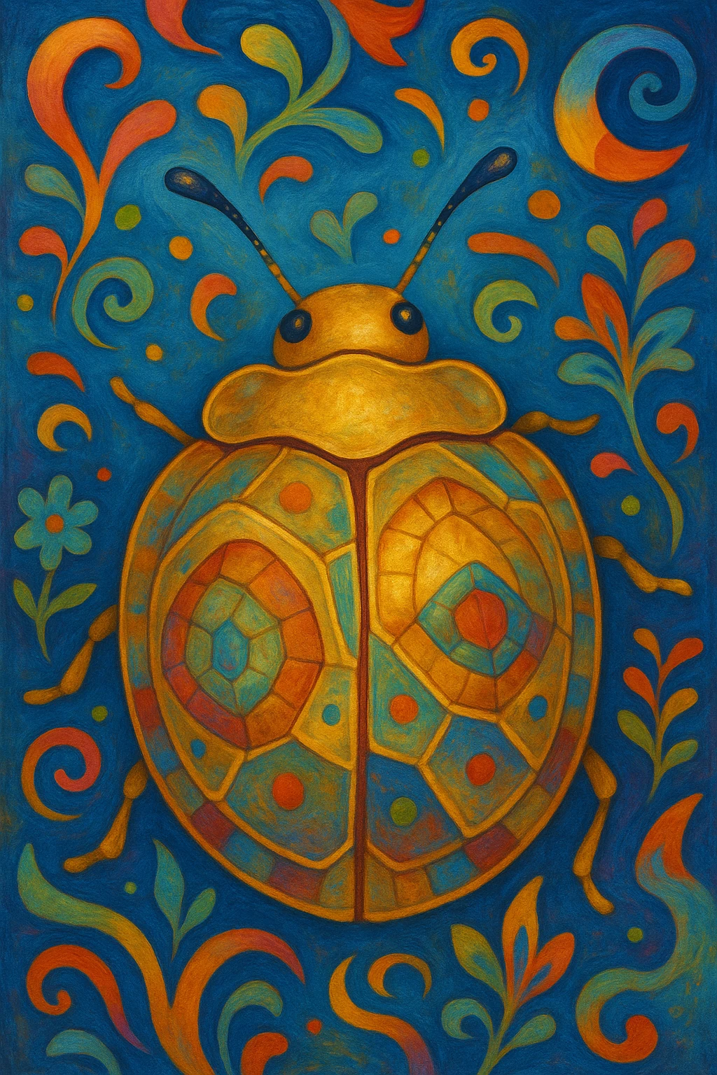 Golden Tortoise Beetle with a tortoise shell-like carapace, whimsical and abstract surreal art style, playful shapes, vibrant colors, imaginative and dreamlike emoji