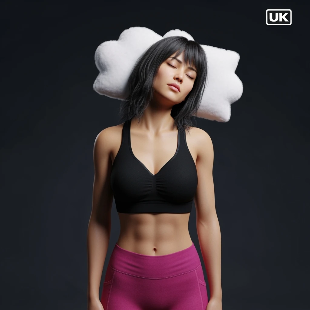 DONNA FITNESS IN PIEDI CON CUSCINO DIETRO LA TESTA MENTRE PROVA A DORMIRE, IPERREALISTICA 4K, SENZA SFONDO emoji