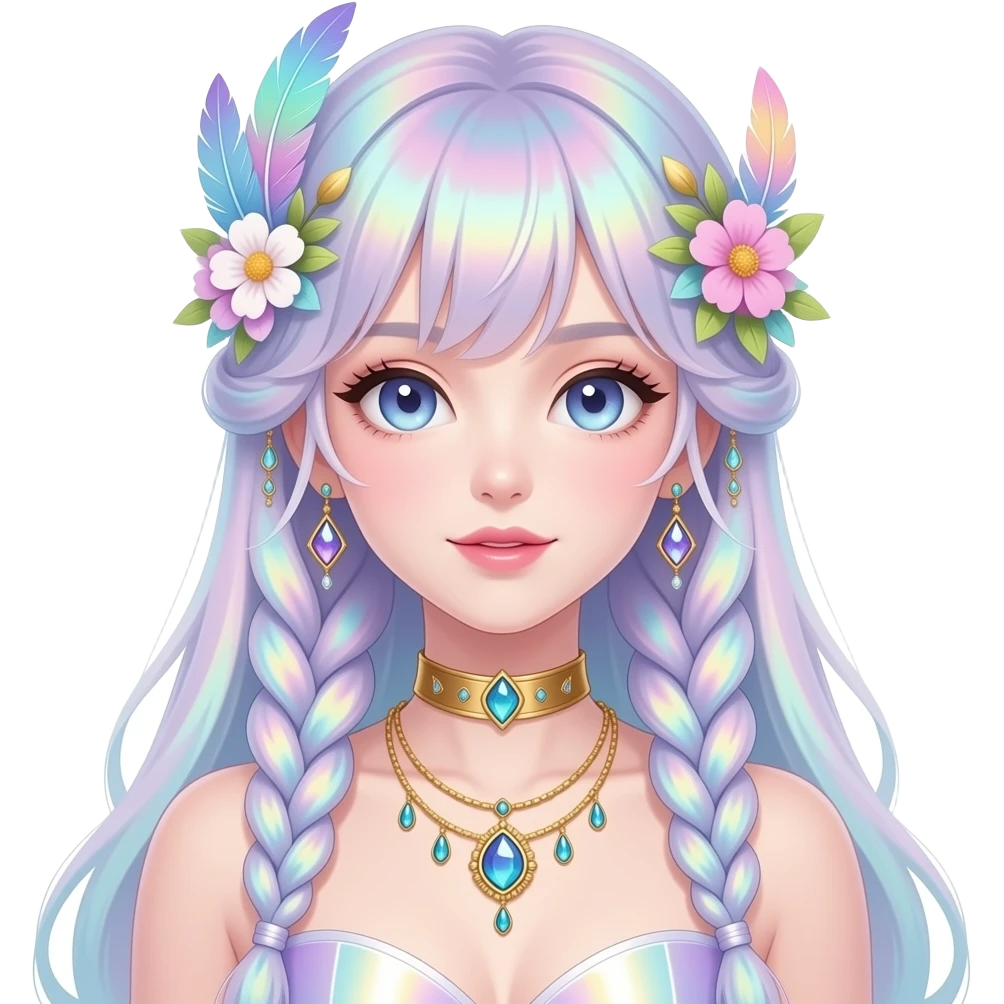 Beautiful gorgeous anime lady with beautiful iridescent-braided-hair, fashion aesthetic, ethereal, fairycore, pastelcore, feathers, flowers, gems, accessories, jewelries, gold, colorful emoji