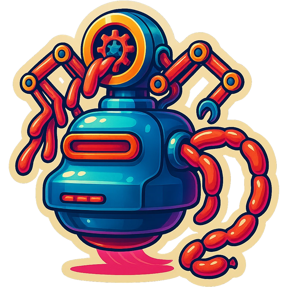 sausage-processing droid. retro-futuristic style. top is a large circular industrial grinder rotating gears and blades. Two robotic arms feed material into grinder. Sausage links extrude from the rear like  factory. The body is metallic, compact, and floats above the ground.no legs. Dark humor emoji