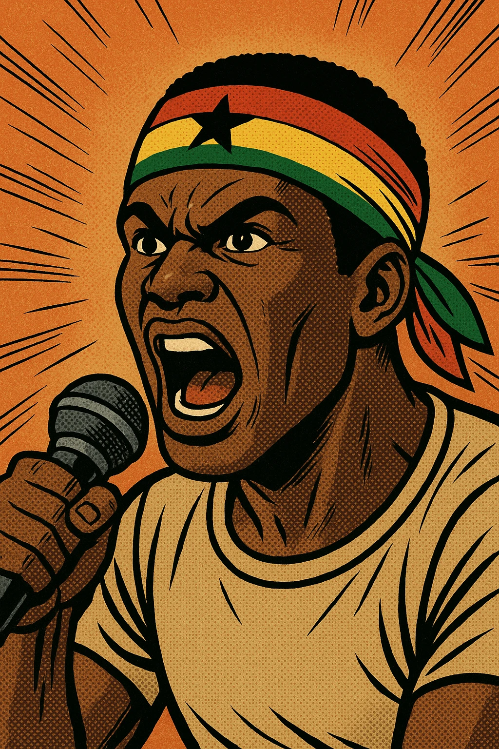comic book style talking head, wearing a Ghana flag headband, yelling into a microphone, dynamic pose, dramatic shading emoji