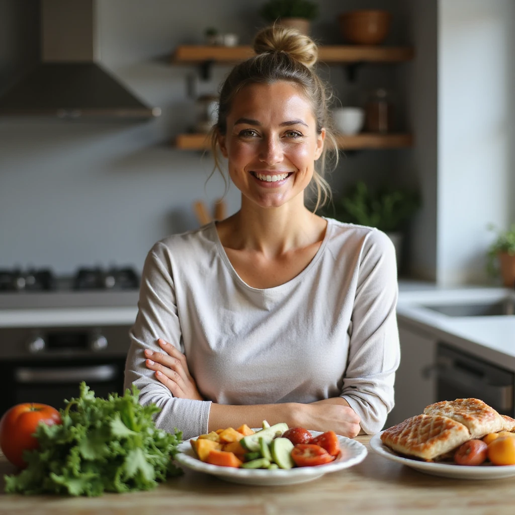 Smiling woman with healthy appearance and balanced physique, sitting at a table with a colorful and varied plate: vegetables, whole grains, lean proteins, fruit, and healthy fats. Bright atmosphere, hyperrealistic 4K details, home or modern kitchen environment. Variant 1. emoji