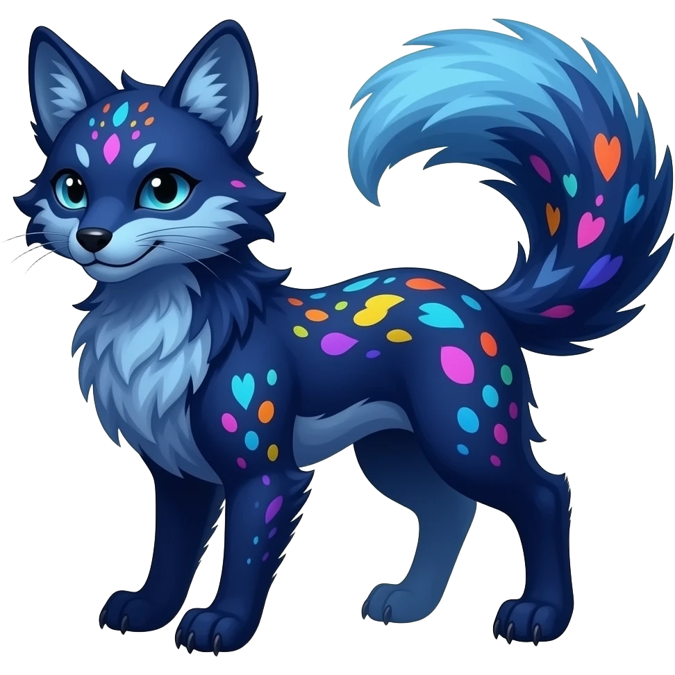 Feral Rare Fantasy vibrant dark shady shaded detailed deep-dark-cobalt-blue-gradients-colored colorful Vernid-Sergal-Fox-Genet-Trico-species by LiLaiRa, random markings, tufted tail, tufted ears, full body emoji