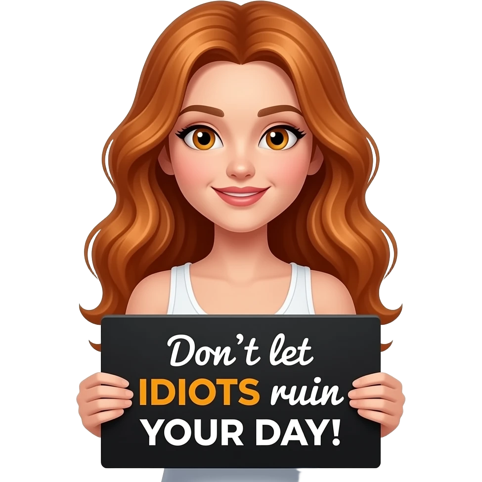 sexy girl with long wavy ginger hair and ginger eyes wearing a white tanktop is holding a black colored sign with Don't let IDIOTS ruin YOUR DAY! written on it emoji