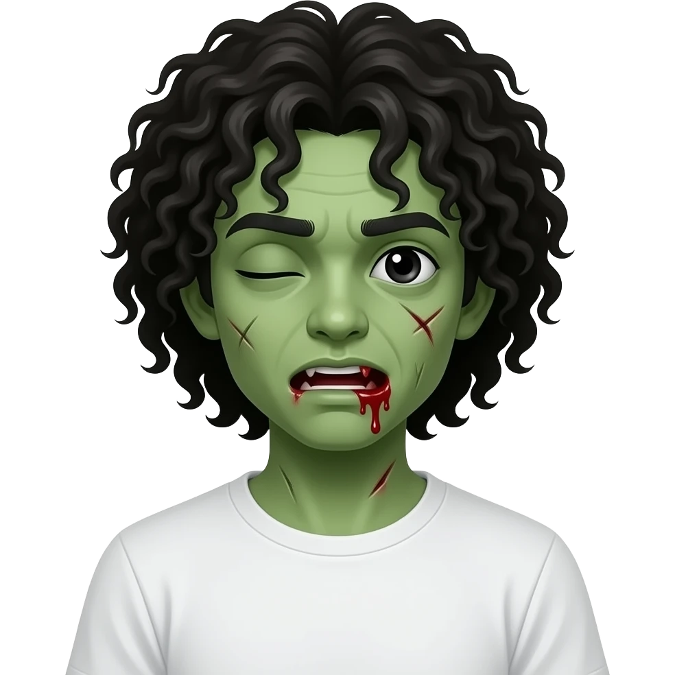 low quality, green skin zombie, all black eyes, black long curly 3c type hair, mouth slightly open with blood leaking out of mouth, wounds and cuts on zombie, white regular tee shirt, a young teenager, no wrinkles on face at all, eyes blacked out all the way with one eye shut emoji