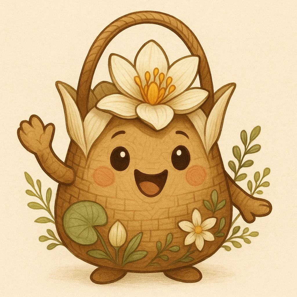 mascota para proyecto productivo que es un bolso artesanal con forma de lirio de agua, colores naturales y detalles florales, expresión alegre y acogedora, estilo detallado y amigable emoji