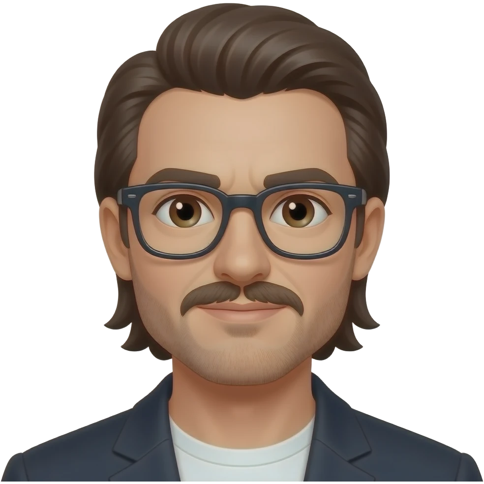 persona blanca con cejas gruesas y bigote, ojos cafés, bigote corto, perilla poca, pelo mullet y lentes gruesos emoji