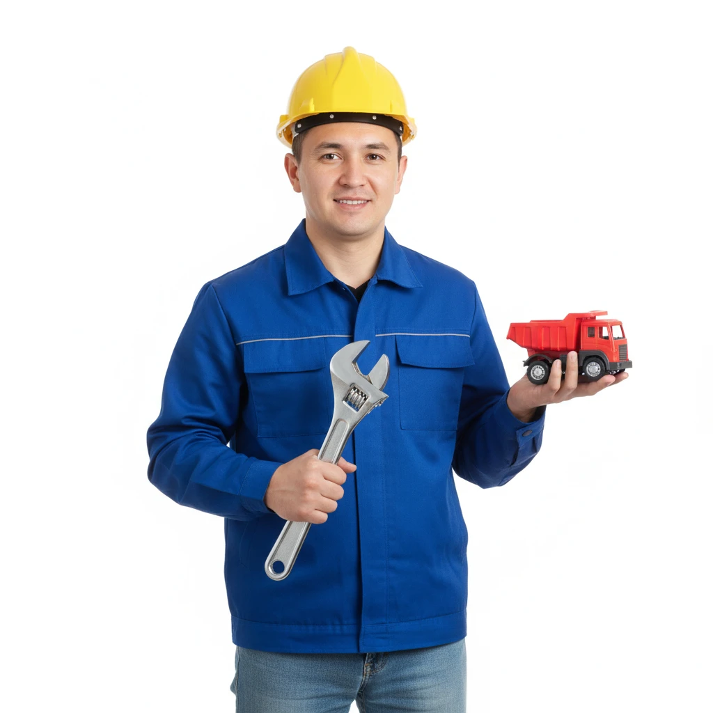 нарисуй узбека в строительной каске с ключом гаечным в одной руке и машинкой игрушечной в другой руке, без фона emoji