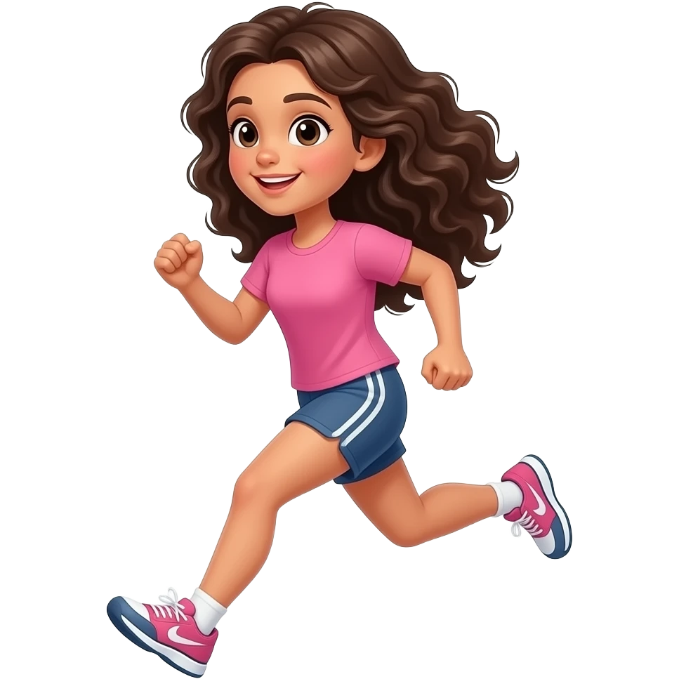 white skin girl with long dark brown curly hair running wearing running shorts and a pink tshirt emoji