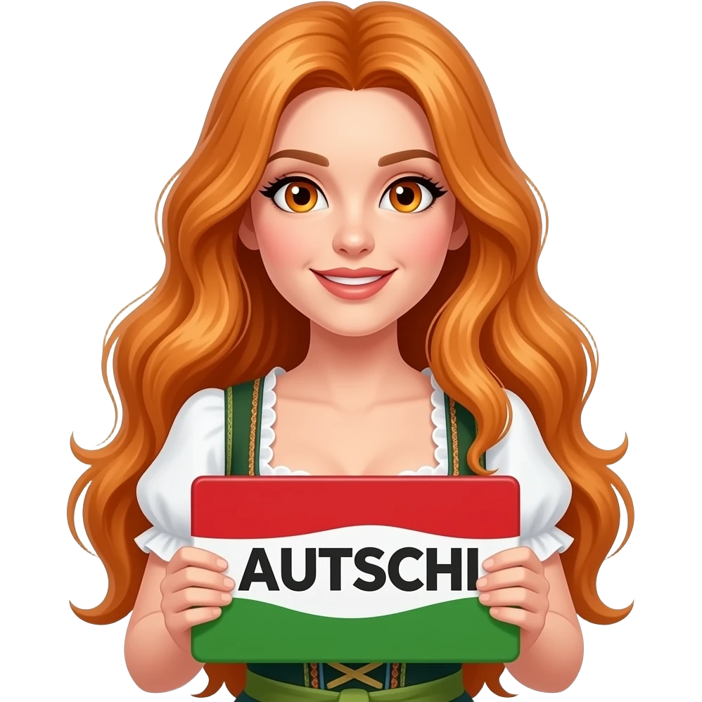 sexy girl with overlong ginger hair and ginger eyes wearing a dirndl holding AUTSCHI sign emoji