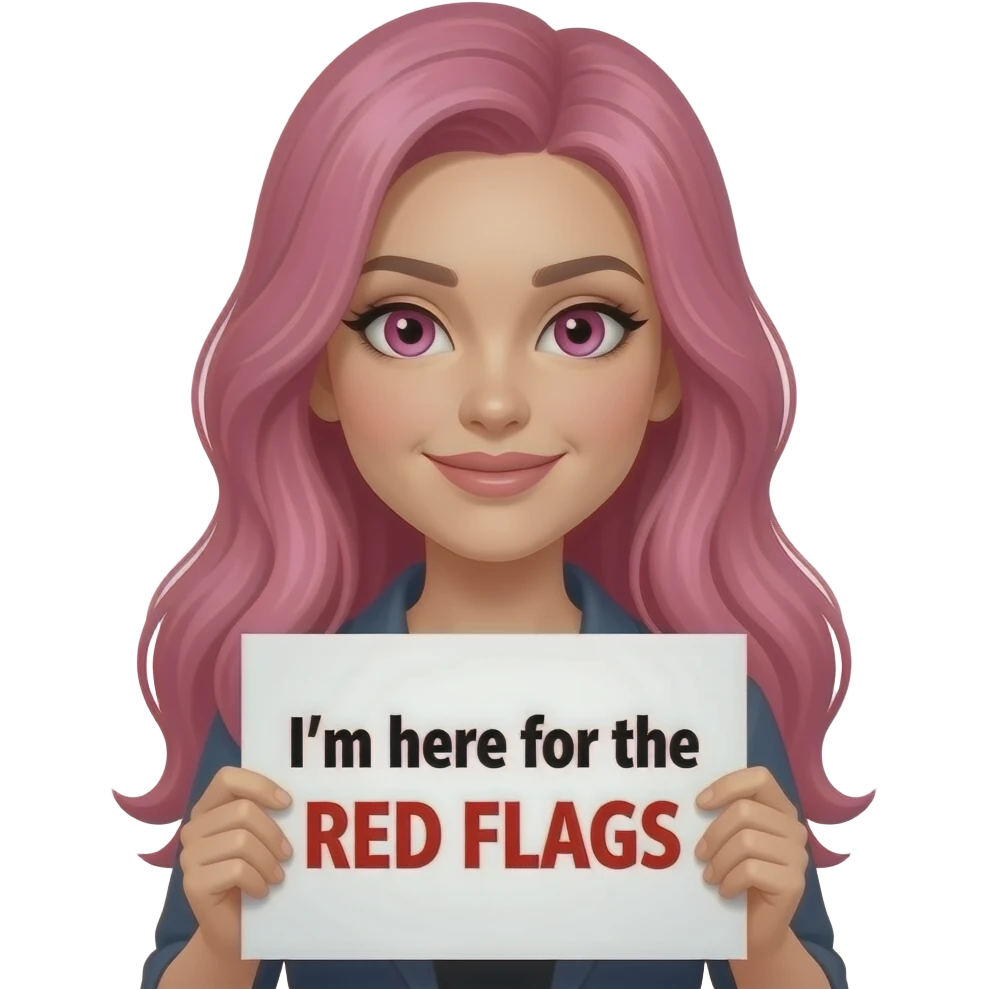 sexy girl with long pink hair and pink eyes wearing a holding a I'm here for the RED FLAGS sign emoji