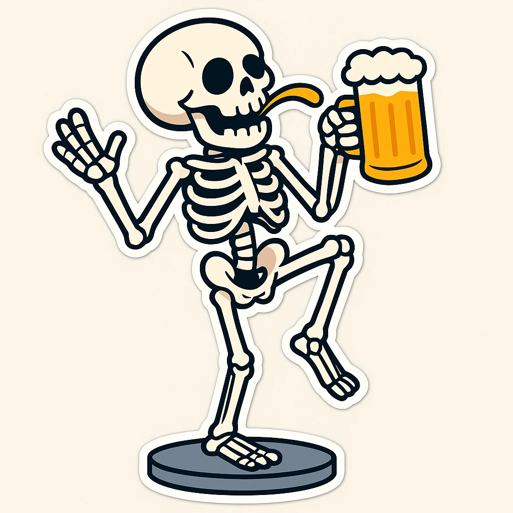 Create a variant of a skeleton drinking a beer, balancing on one leg like a flamingo, with a different pose, in a cartoon sticker style. The style should mimic cartoonish stickers with bold outlines and vibrant colors. emoji