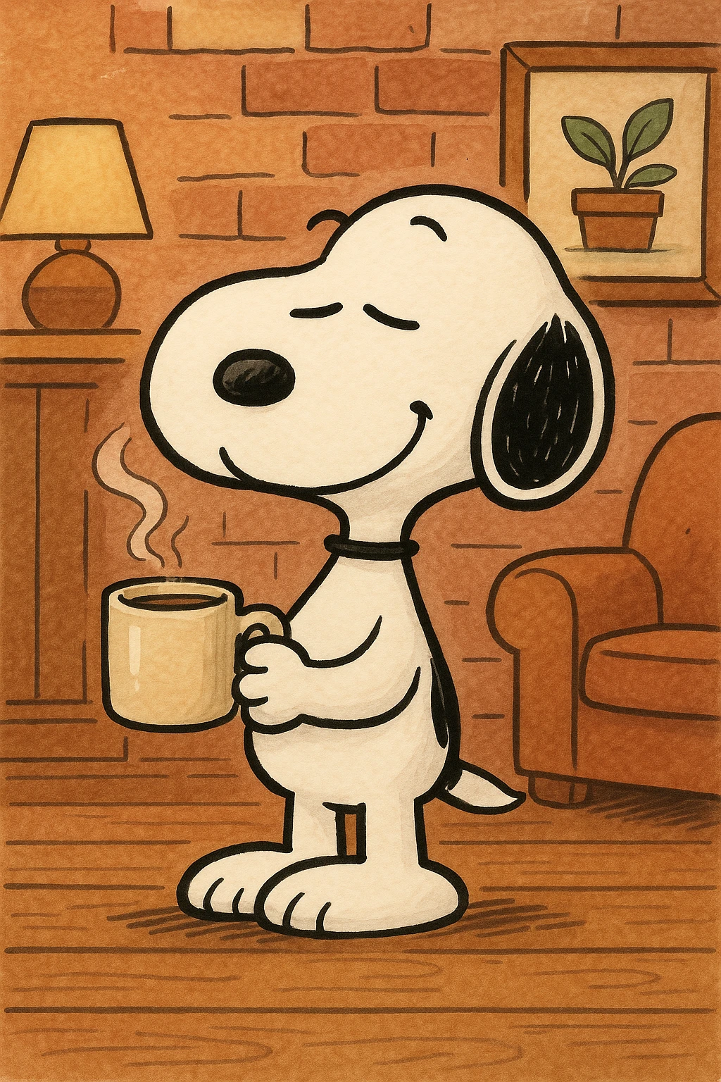 Snoopy holding a coffee cup emoji