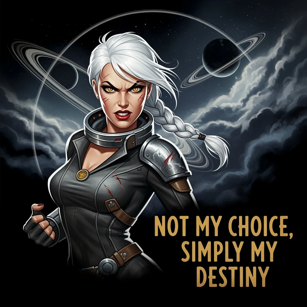 a retro military pinup fuselage decoration for the motto " not my choice, simply my destiny "
the female figure, white hair 1 braid, gold yellow eyes, spacer, fierce, exo-rogue, menacing emoji