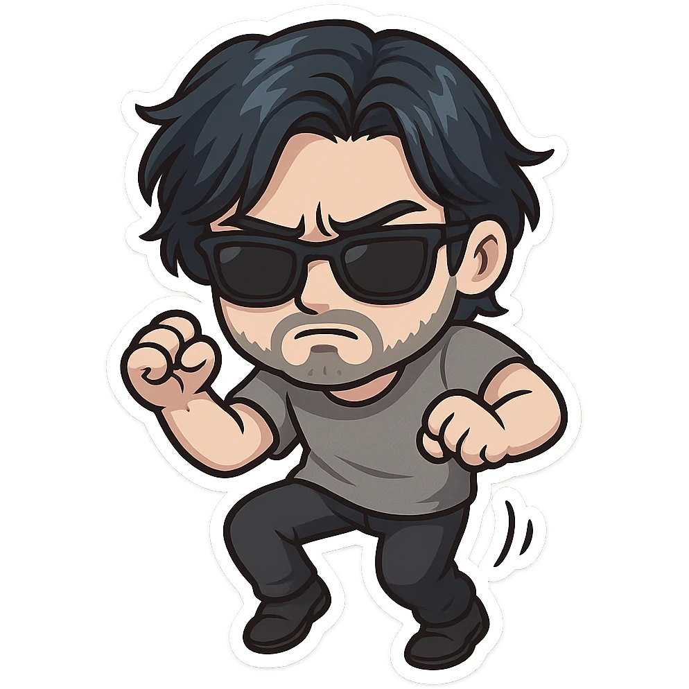 a dark brooding hipster with electric dark blue hair, surfer middle part, chin length hair, black classic rayban shades, plain gray t-shirt, doing the gimmie dance, maniac dance, 1980's dance emoji