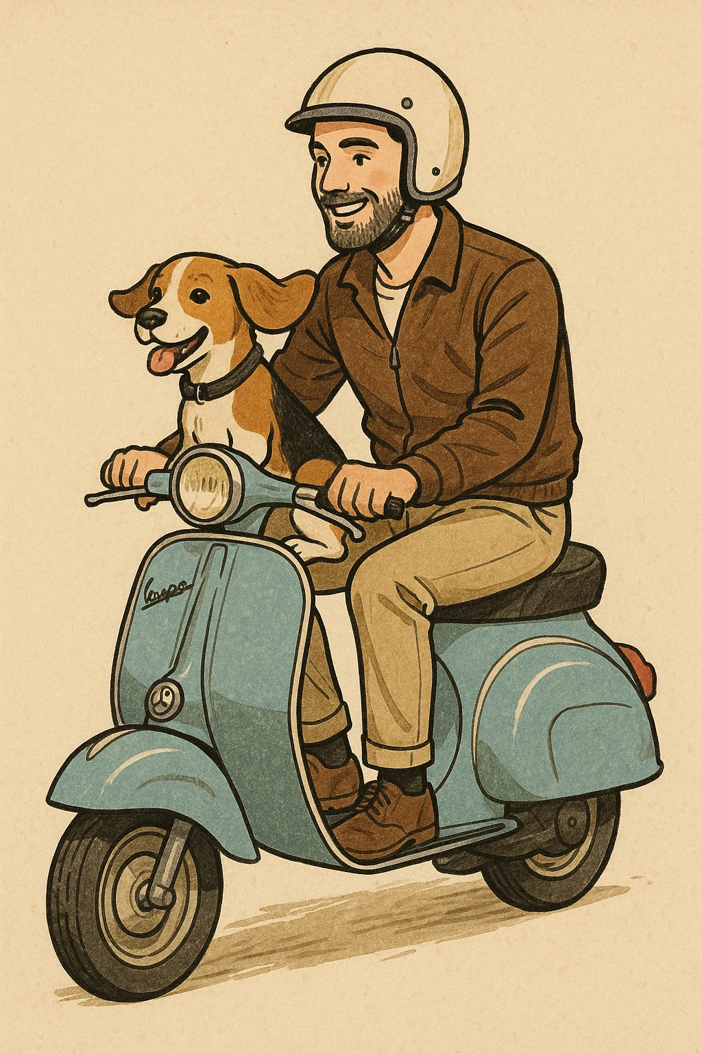man and his pet dog riding a vespa emoji