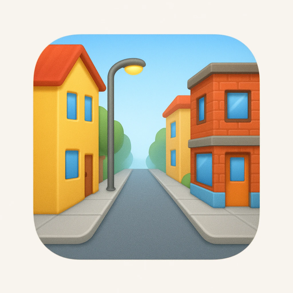 emoji of a small  street scene — a narrow road with a sidewalk, a few  buildings on the sides, and a streetlight. Soft daylight, clean design, minimal background, cheerful and detailed Apple emoji style emoji