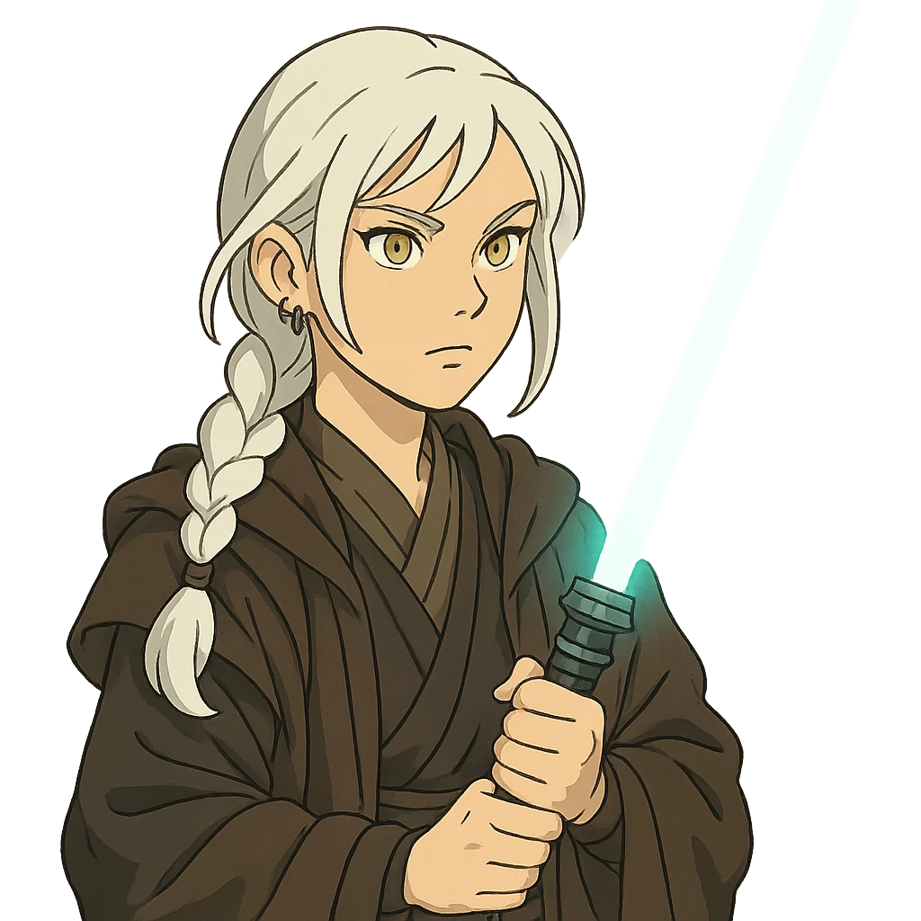  a closeup portrait of young woman with gold yellow eyes, white hair, long braid, black off-shoulder top, punk gothic style, futuristic cyberwave cyberpunk,  jedi attire and posture robes of a padawan, foreweilding a bright blue-green lightsaber emoji