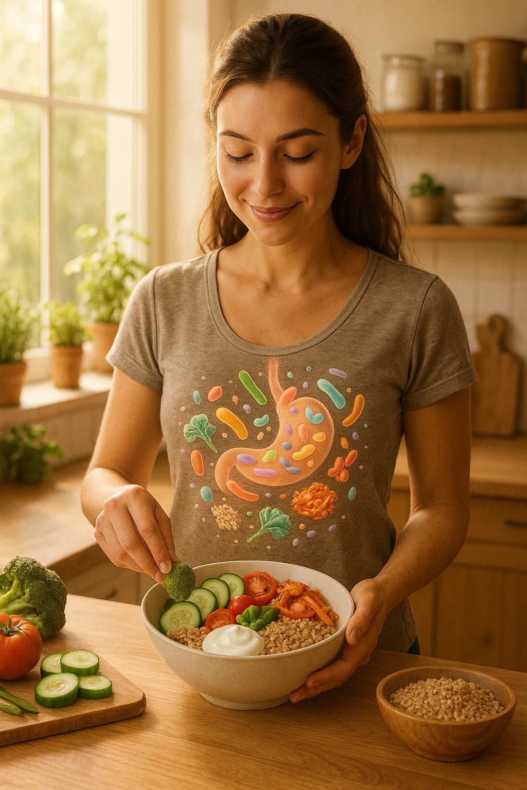 A realistic, warm-toned image of a young woman in a bright, cozy kitchen preparing a healthy meal rich in fiber and probiotics. She smiles softly, focused and calm, as she adds fresh vegetables, fermented foods like yogurt or kimchi, and whole grains to a bowl. Around her abdomen, a subtle, glowing overlay of balanced gut flora—colorful, friendly bacteria and microbes—swirls gently, symbolizing intestinal health and harmony. The setting is natural and inviting, with sunlight streaming through the window, potted herbs on the counter, and clean wooden surfaces. The overall mood conveys wellness, self-care, and the positive journey toward gut balance emoji