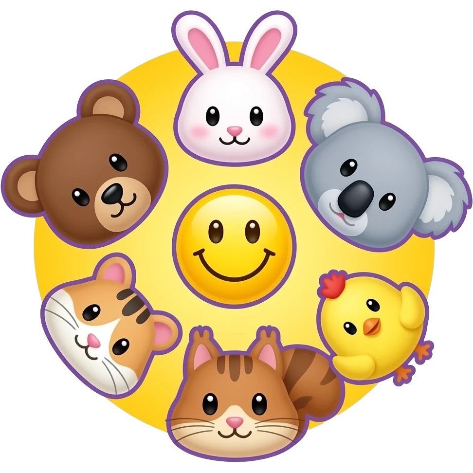 Smaller Yellow Smiley in the centre, circle form ,serrounded by the head only of these symbol 🐻🐰🐨🐈🐹🐿🐥, with bright yellow background, light purple outline emoji