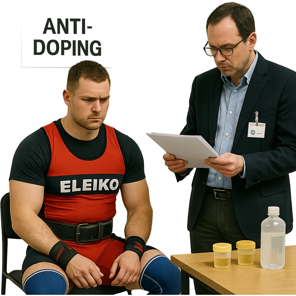 European powerlifter in anti-doping testing room, wearing competition clothing, official checking documents, serious atmosphere, realistic details, isolated on white background emoji