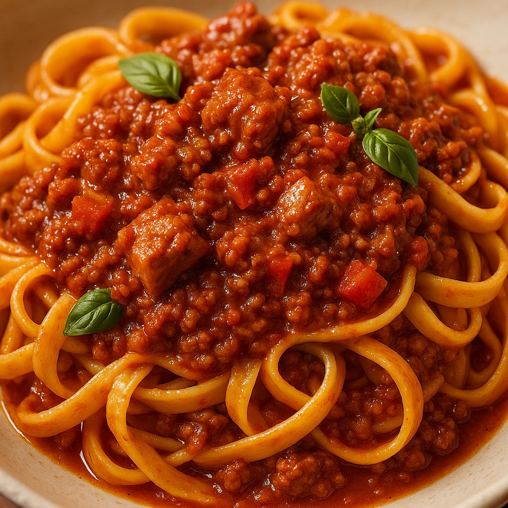 close-up of appetizing pasta bolognese with diced meat, vibrant colors, no text emoji