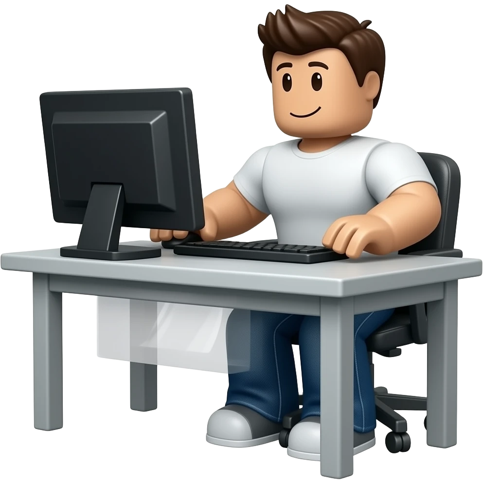 Genera un personaje de roblox de cuerpo completo sentado en un escritorio con una emoji