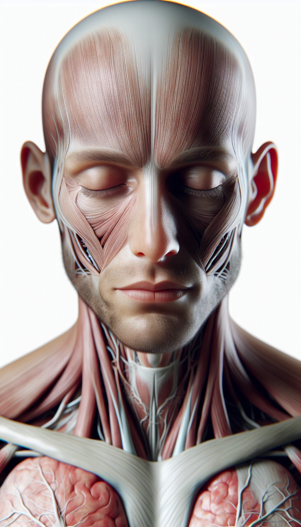 corpo umano anatomico a corpo intero con occhi chiusi sereno e in perfetta salute , isolato su sfondo bianco, iperrealistico 4k emoji