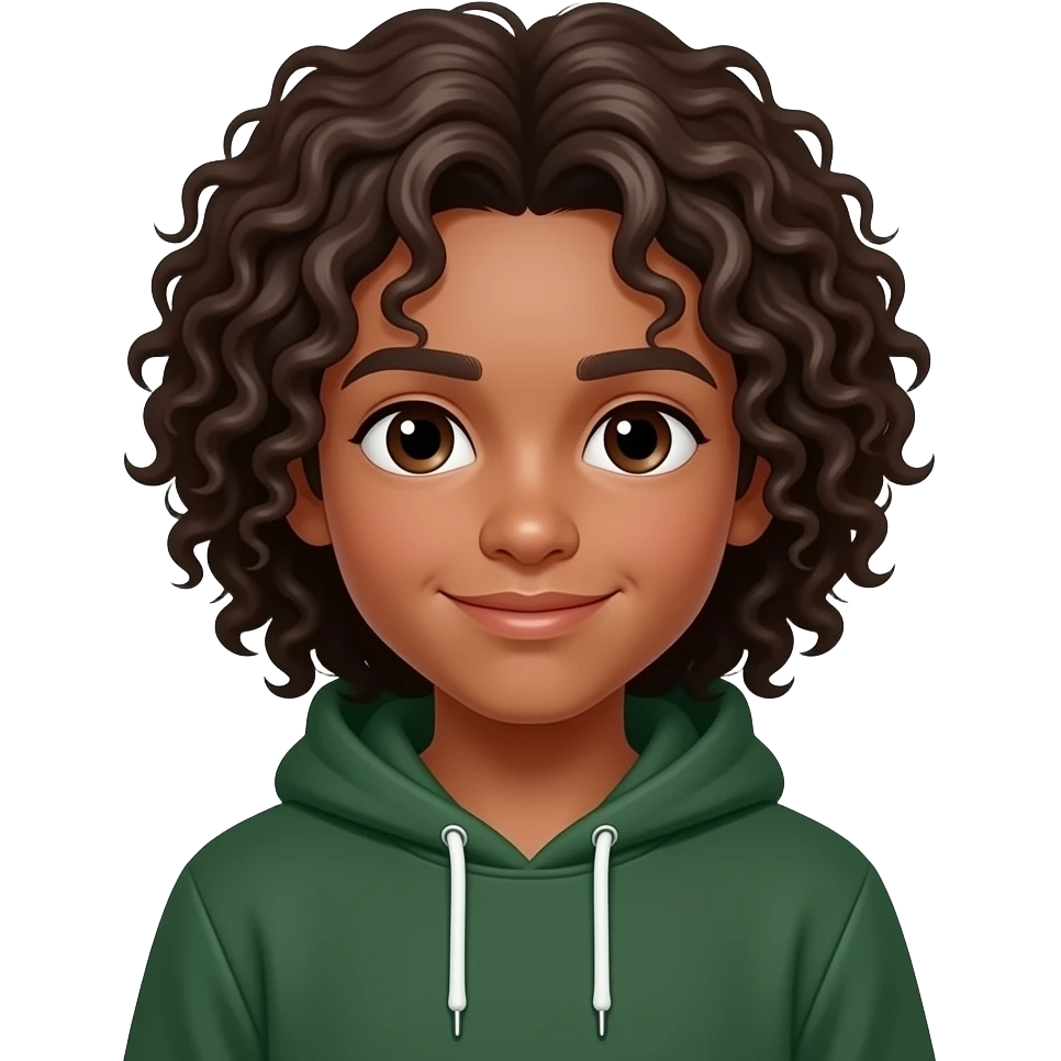 young cute teen boy with dark brown skin and really long tight curly hair wearing a dark green hoodie emoji