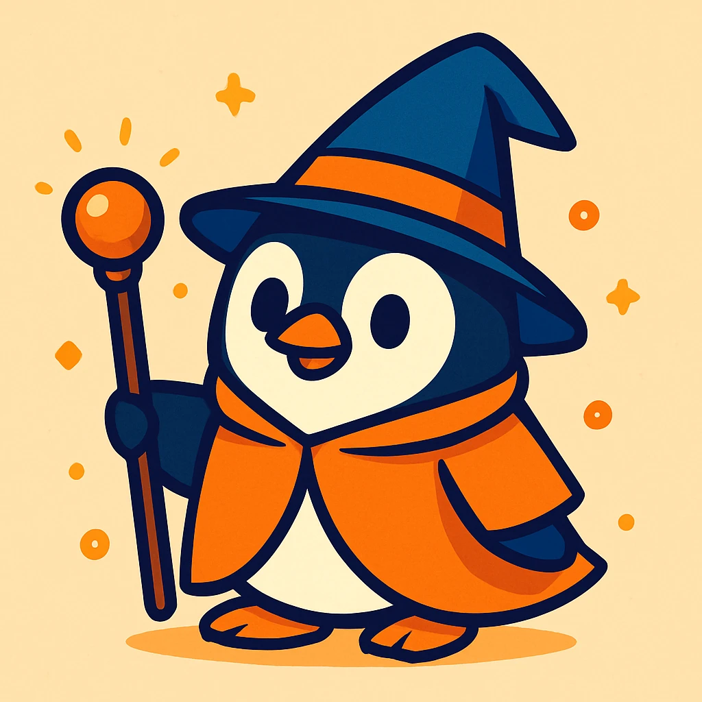 cute cartoon style penguin dressed as a wizard, wearing a pointed hat and holding a magic staff emoji