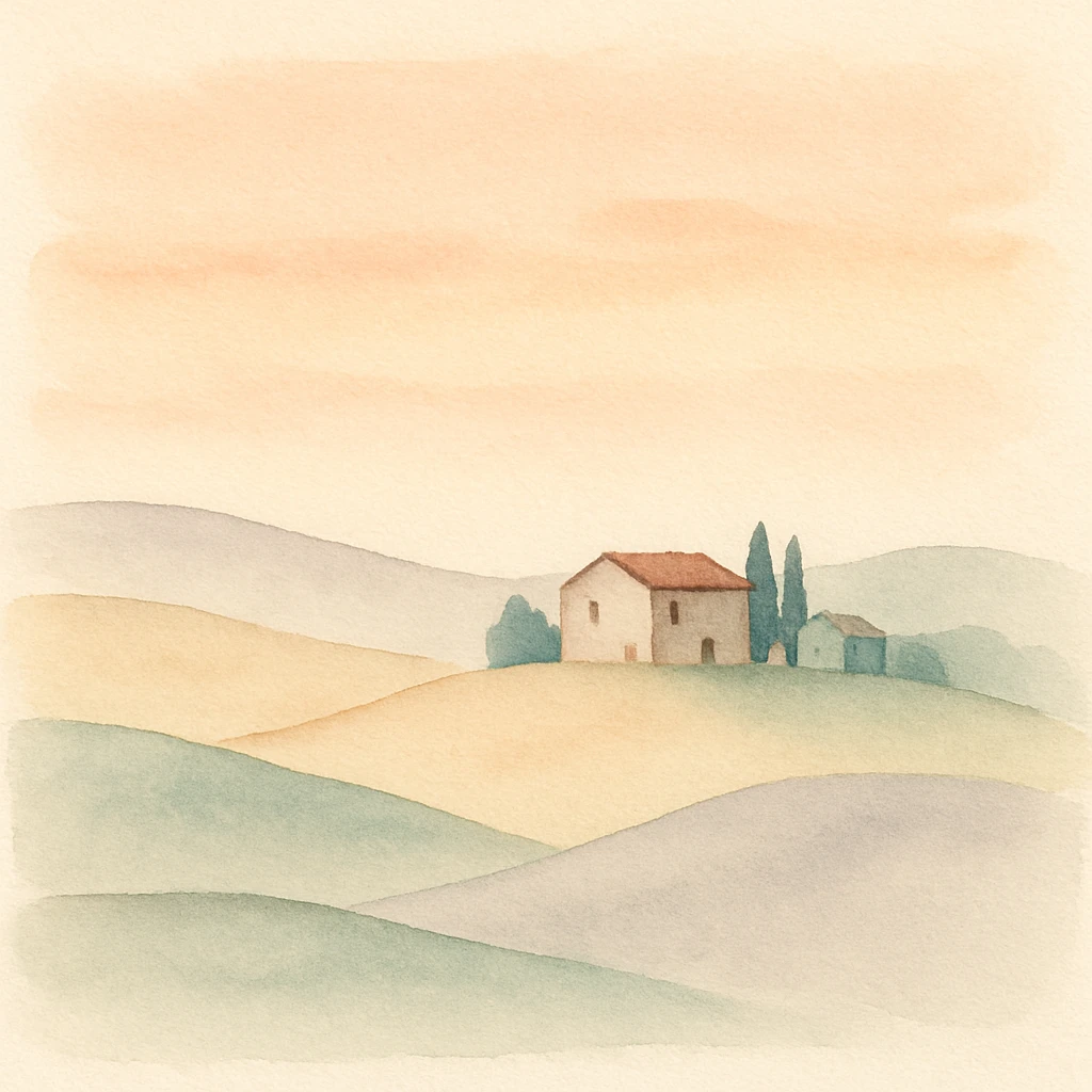 Tuscany countryside at sunset, soft orange and pink sky, gentle hills, distant farmhouse, impressionist style emoji