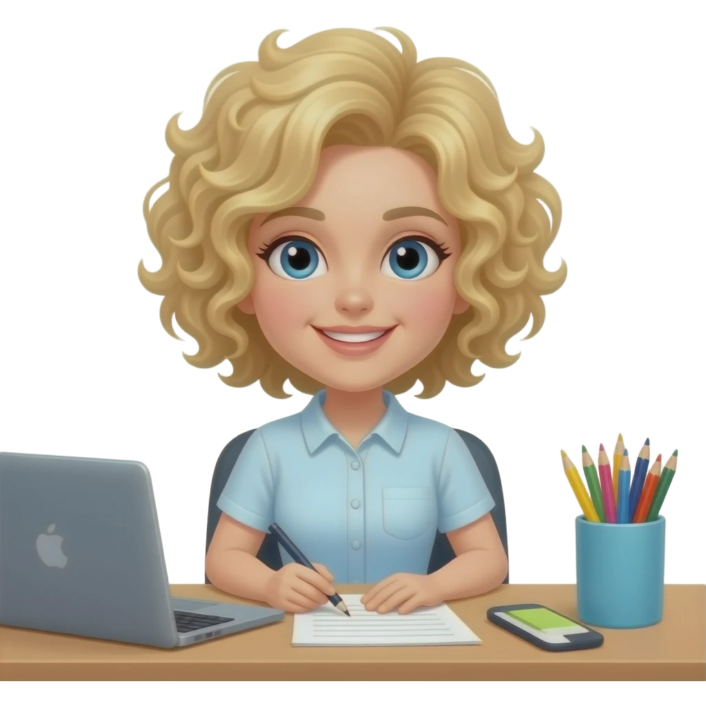 short blonde tight curly hair with office supplies on a desk emoji