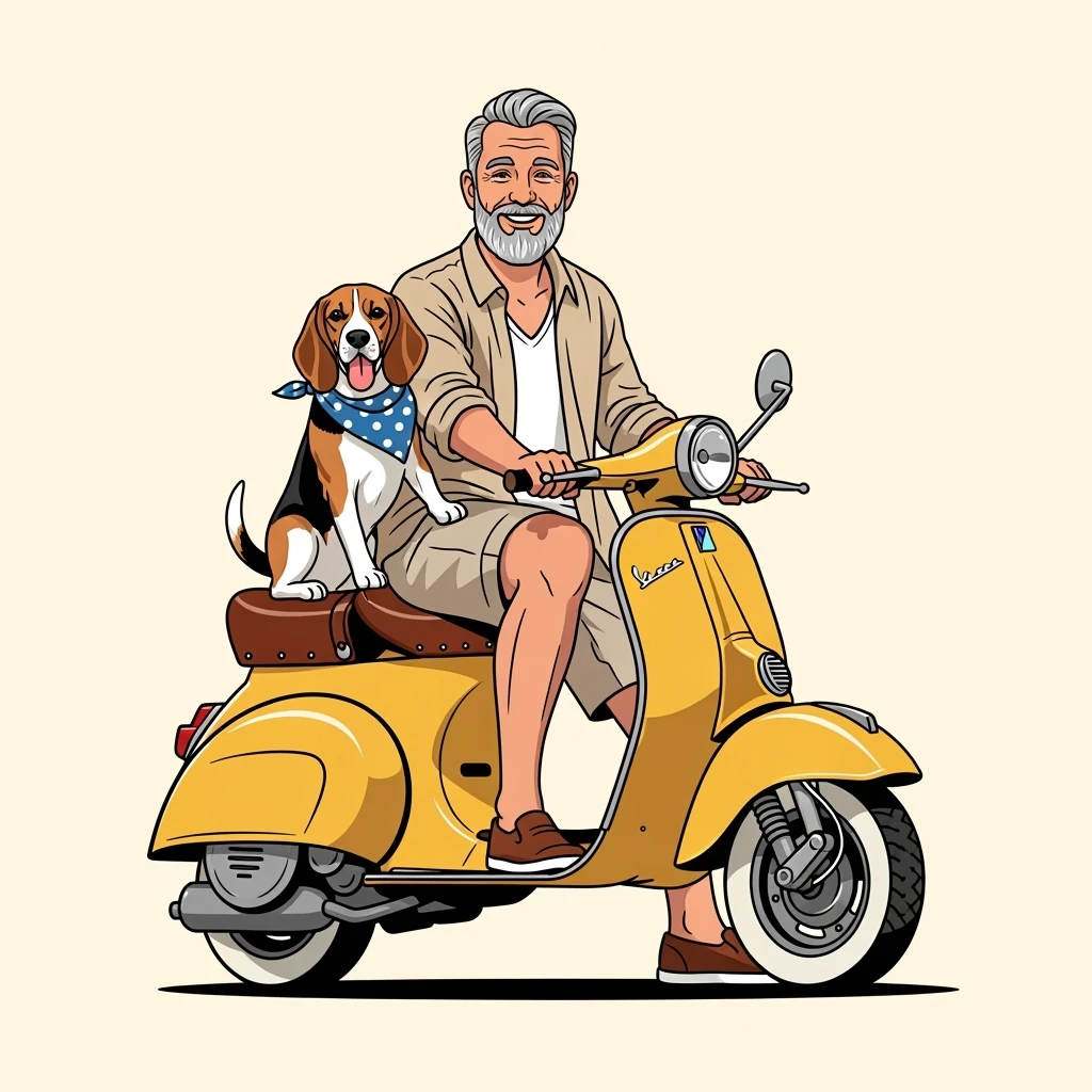 vector art of a man and his pet dog riding a vespa, for website design emoji