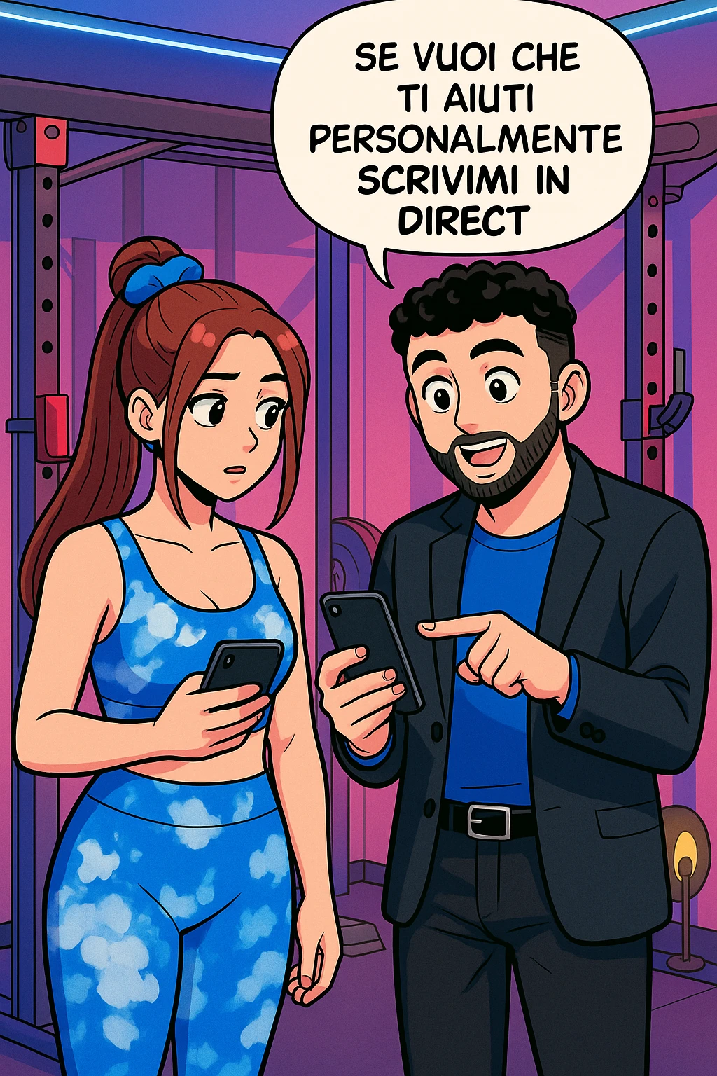 TRASFORMA QUESTO CAROSELLO IN UN FUMETTO STILE WEBTOON/MANGA A COLORI CON QUESTE DUE PERSONE IDENTICHE CHE INTERLOQUISCONO TRA LORO, L'UOMO MOSTRA UNO SMARTPHONE ALLA DONNA INDICANDOLO, E ANCHE LA DONNA HA LO SMARTPHONE IN MANO PER ANDARE A SEGUIRE IL SUO PROFILO INSTAGRAM:

LUI (UOMO): Se vuoi che ti aiuti personalmente
SCRIVIMI IN DIRECT emoji