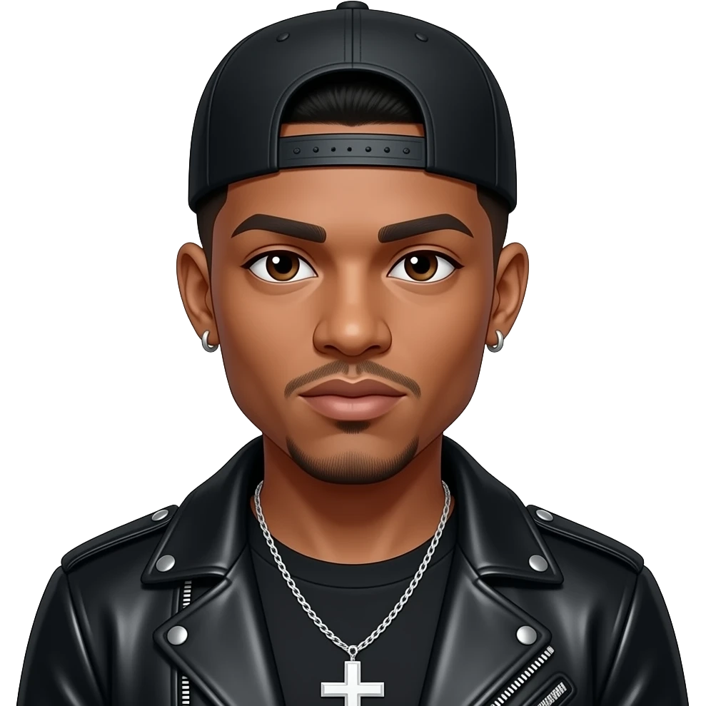 JoJo from Jodeci with dark brown eyes, black short fade hair, black cap, black metallic jacket, black metallic t-shirt, necklace and earrings emoji