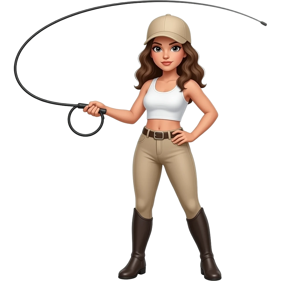 woman in beige riding jodhpurs, white crop top, and beige baseball cap, cracking a bullwhip in the air with one hand, and her other hand on her hip, standing with her legs apart, animated emoji