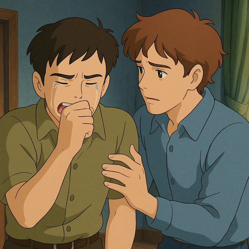 two men, gay couple, breaking up, emotional scene, in ghibli style emoji