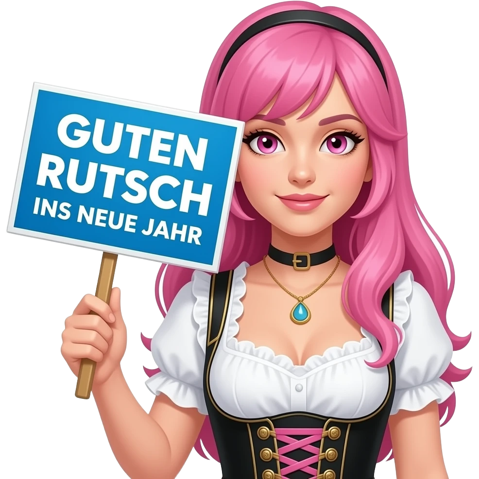 sexy girl with long pink hair and pink eyes wearing a dirndl holding a GUTEN RUTSCH INS NEUE JAHR sign emoji
