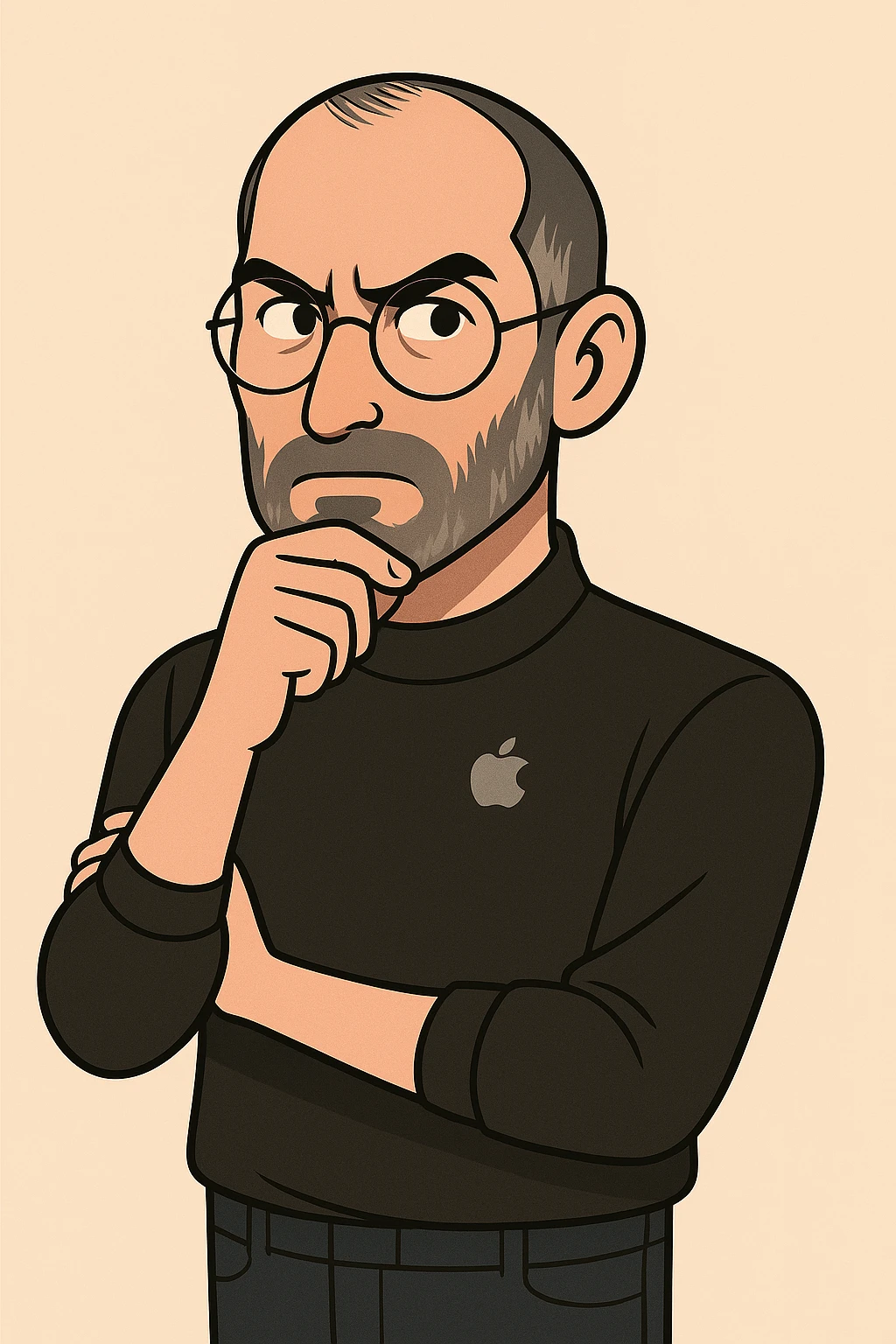 Add a subtle Apple logo to Steve Jobs' turtleneck, preserving the creative genius vibe of the image. emoji