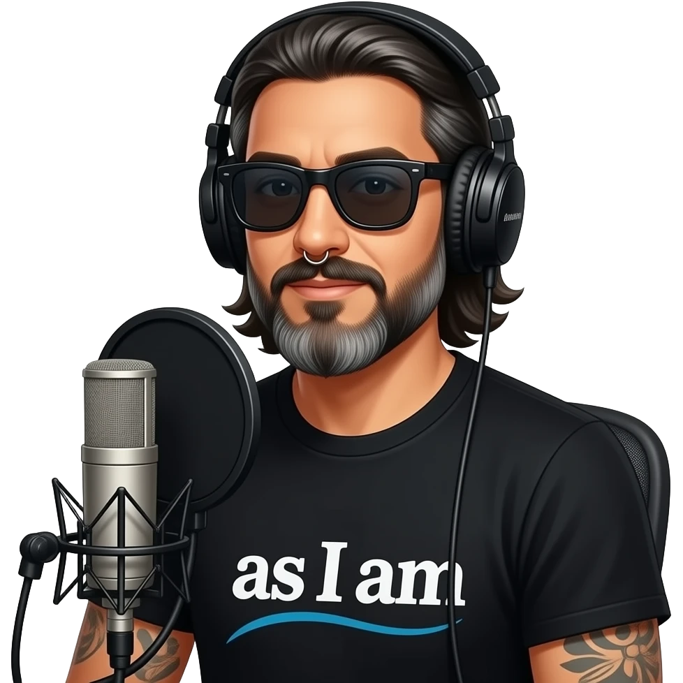 A podcast host wearing headphones and sitting in front of a microphone who is a handsome Latino man with medium length hair and pretty long beard with some grays and tattoos with a right nose hoop and a left earring hoop wearing all black and black sunglasses with a logo that says as I am emoji