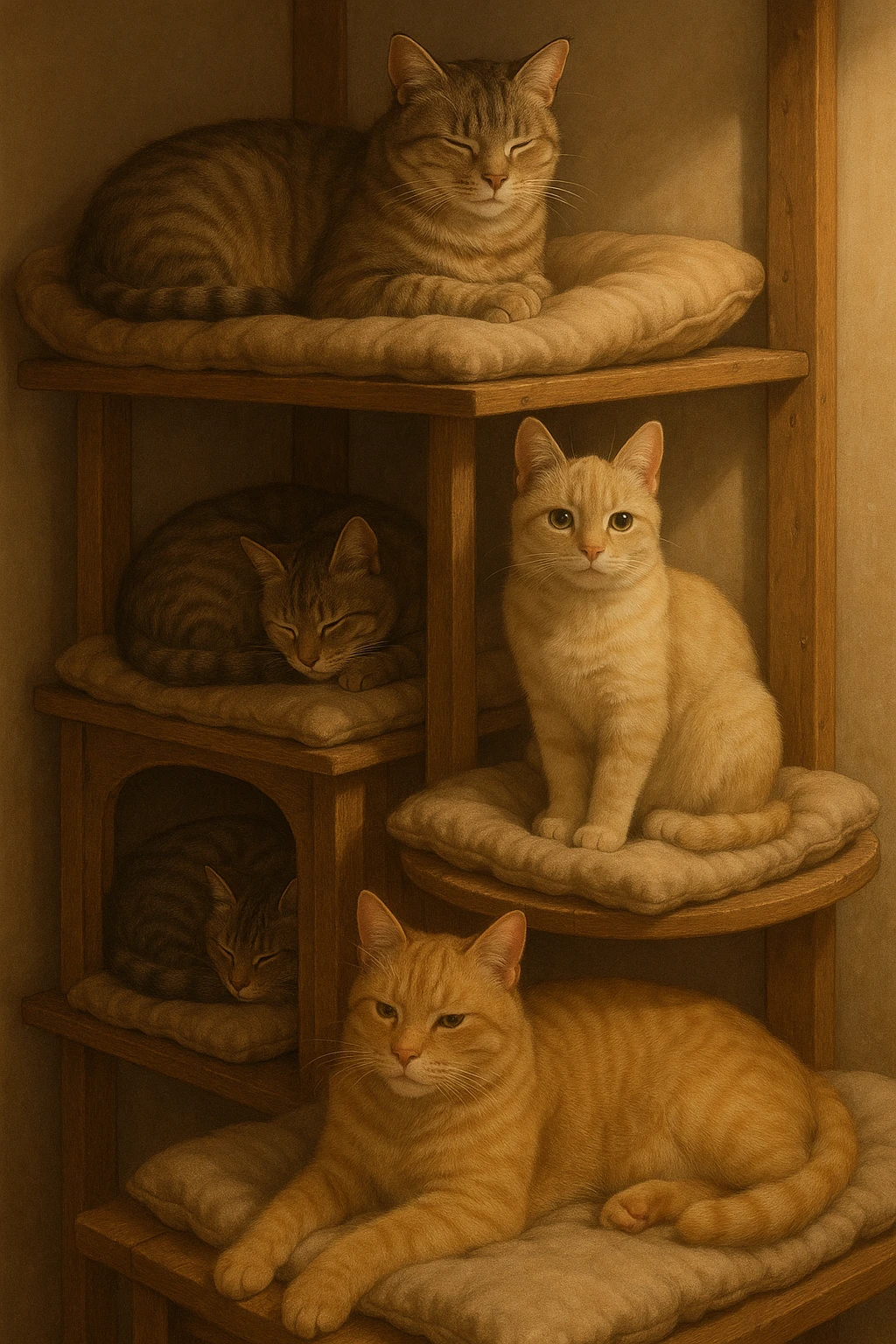 cats relaxing in a vertical playhouse emoji