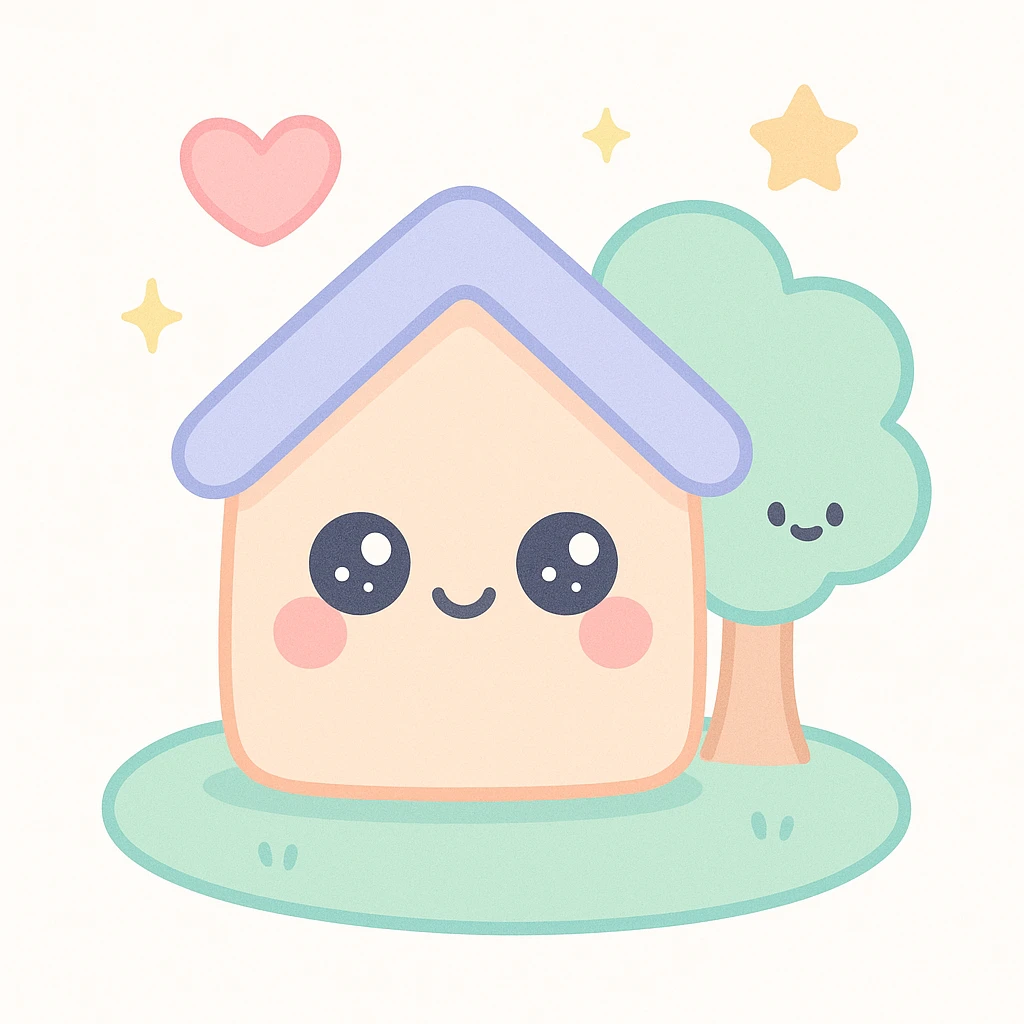 cute house with a tree, green grass, heart above, golden star in the background, kawaii style, symbolizing youth-led community impact and rewards emoji