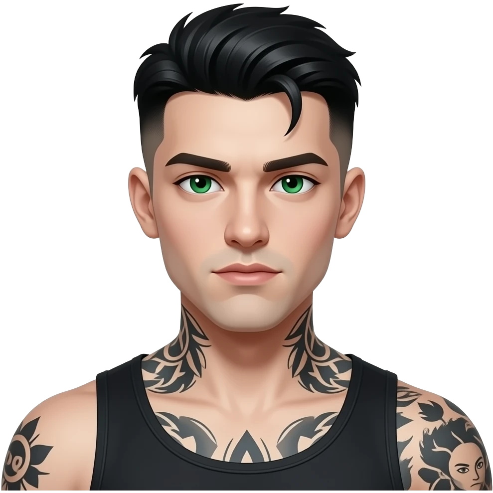 jeune gars mystérieux, cheveux noir de jais low taper fade, yeux verts, musclé, tatoué, peau très blanche blanche blanche blanche très pâle emoji