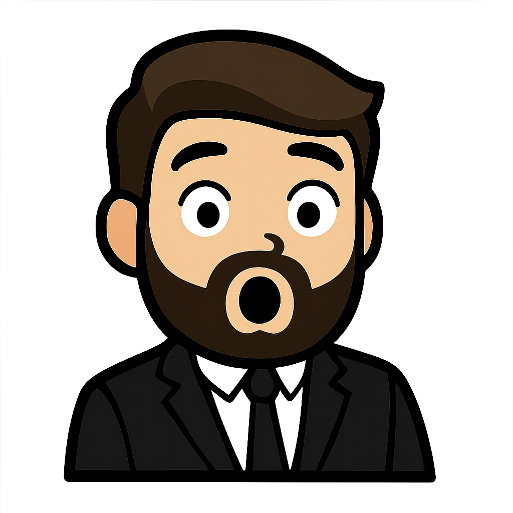 Create a simplified, vector-style Twitch emoji version of the person in the photo. Focus on the face and upper torso, dressed in a suit, with a surprised expression. Background should be transparent and the style should be clean and minimalistic, suitable for Twitch emoji use. emoji