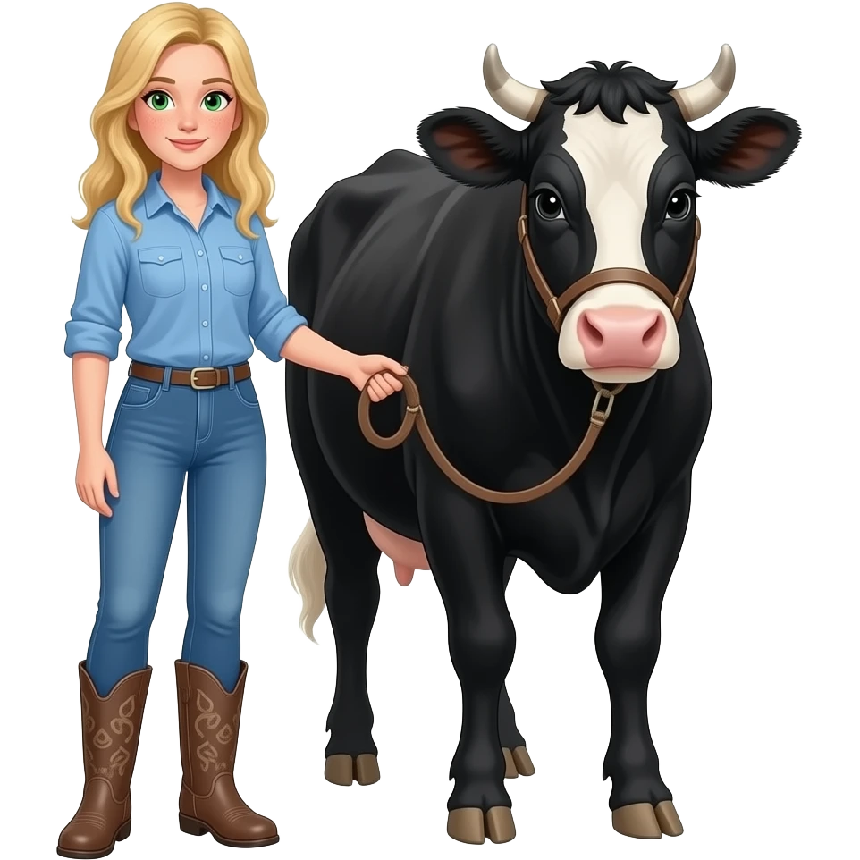 white girl green eyes blonde hair freckles farm boots and blue shirt holding a cow halter with a black cow emoji