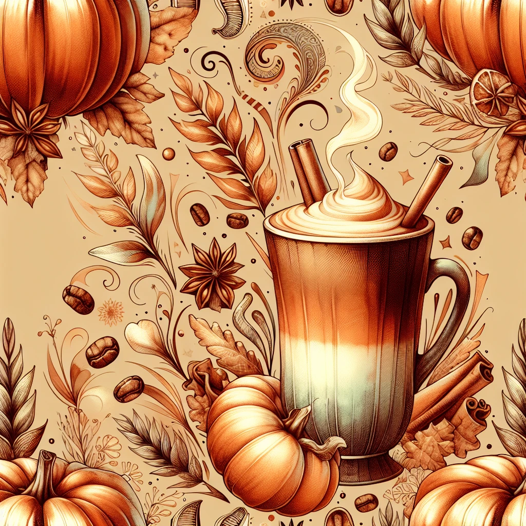 coffee latte art seamless background, pumpkin spice latte, creamy brown and orange tones, cozy autumn café vibe, watercolor effect emoji