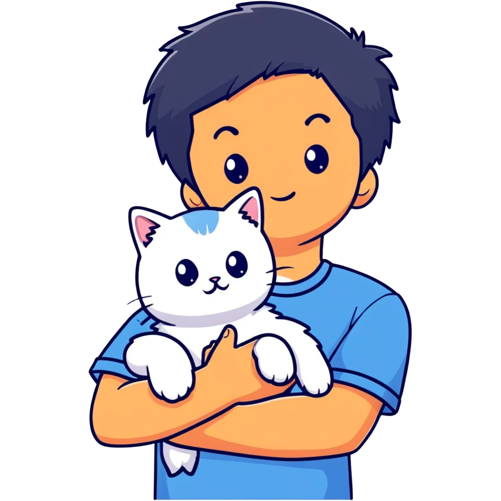 teenage boy with black hair wearing blue short sleeve shirt holding a white ragdoll cat emoji