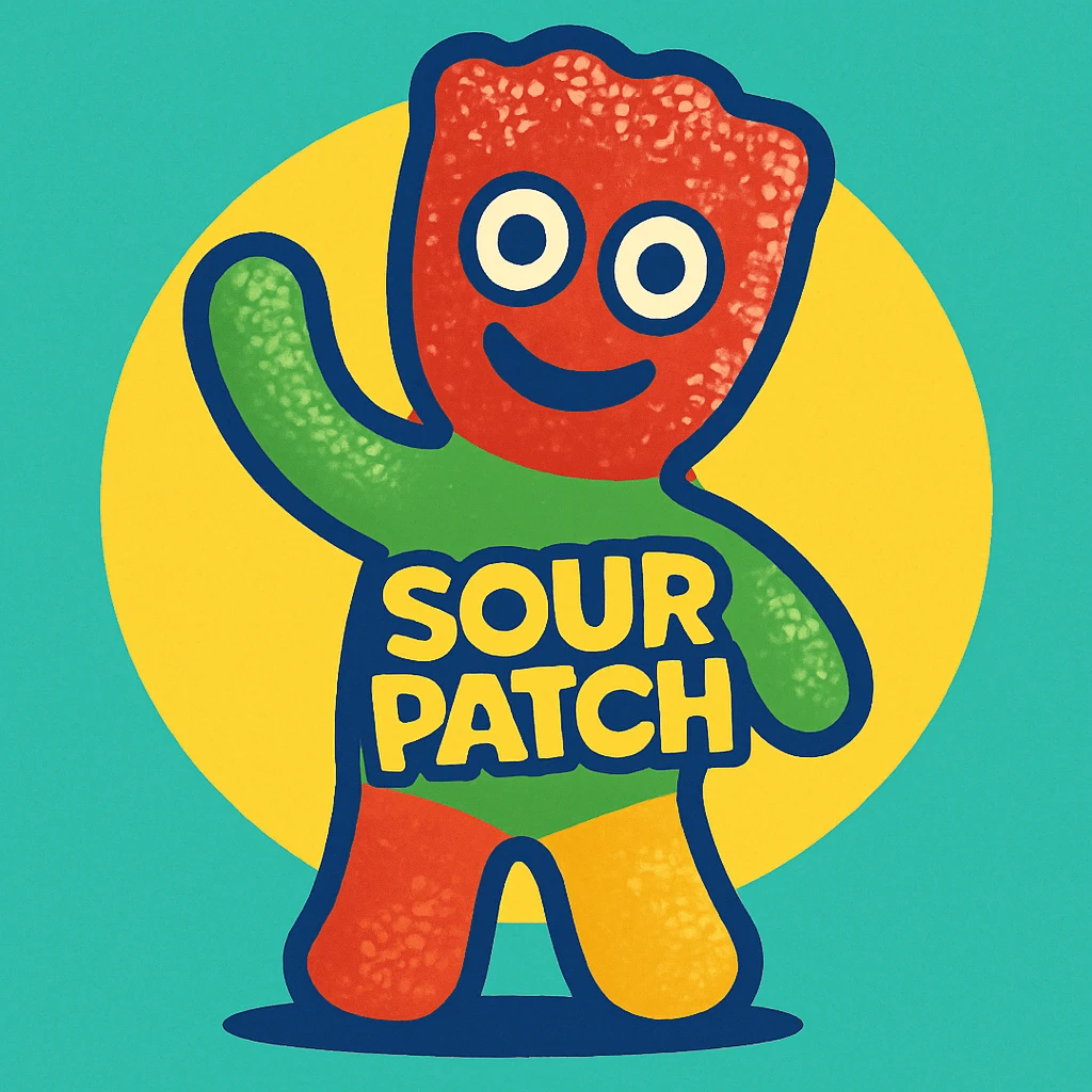 a sour patch kid mascot waving, colorful, energetic, simple background emoji